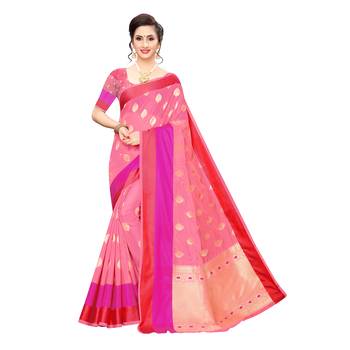 Pink woven cotton silk saree with blouse 1