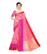 Pink woven cotton silk saree with blouse