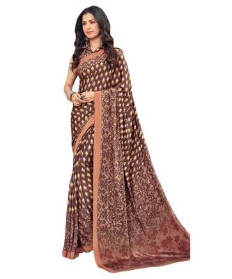 Women's Burgundy & Beige Crepe Printed Saree With Blouse Piece 1