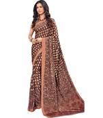 Women's Burgundy & Beige Crepe Printed Saree With Blouse Piece