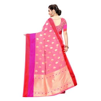 Pink woven cotton silk saree with blouse 4