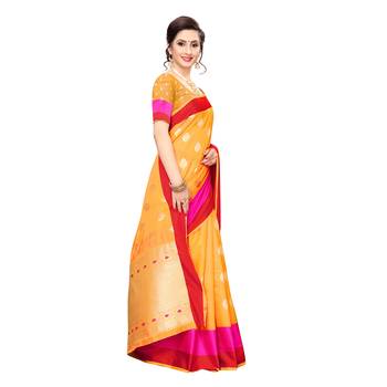 Yellow woven cotton silk saree with blouse 3