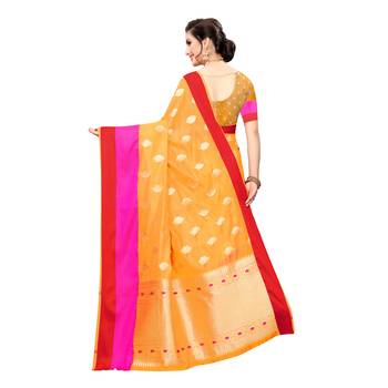 Yellow woven cotton silk saree with blouse 4