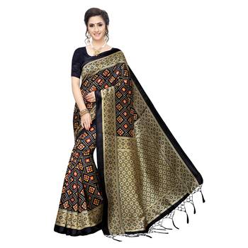 Black printed art silk saree with blouse 1