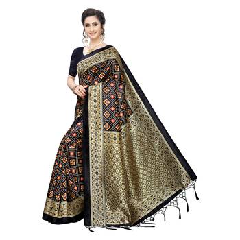 Black printed art silk saree with blouse 2