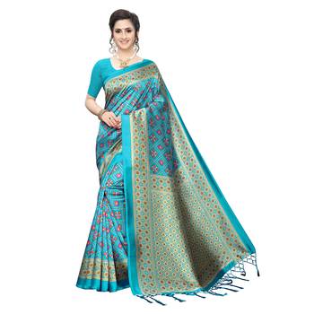 Blue printed art silk saree with blouse 1