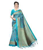 Blue printed art silk saree with blouse
