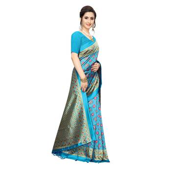 Blue printed art silk saree with blouse 2