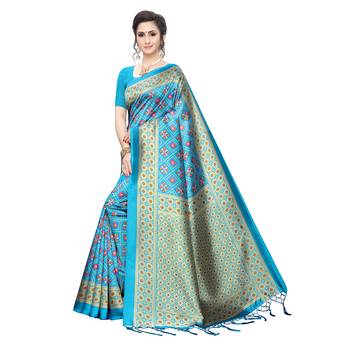 Blue printed art silk saree with blouse 3