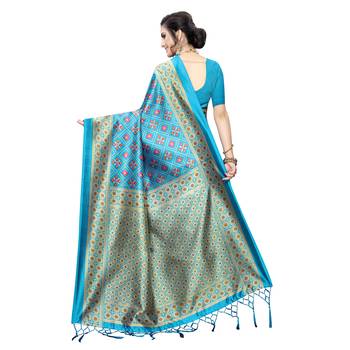 Blue printed art silk saree with blouse 4