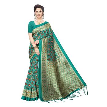 Green printed art silk saree with blouse 1