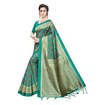 Green printed art silk saree with blouse 2
