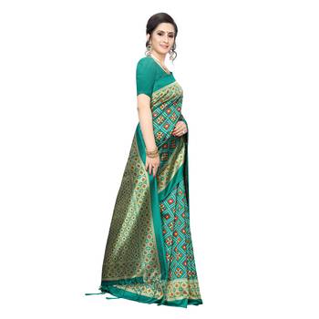 Green printed art silk saree with blouse 3