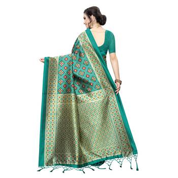 Green printed art silk saree with blouse 4