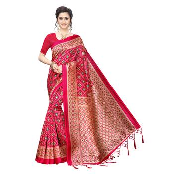 Pink printed art silk saree with blouse 1