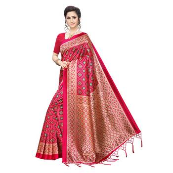 Pink printed art silk saree with blouse 2