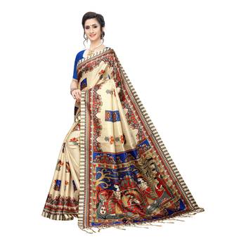 Blue printed khadi saree with blouse 2