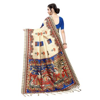 Blue printed khadi saree with blouse 4