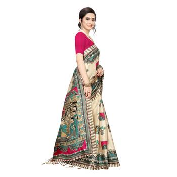 Pink printed khadi saree with blouse 3