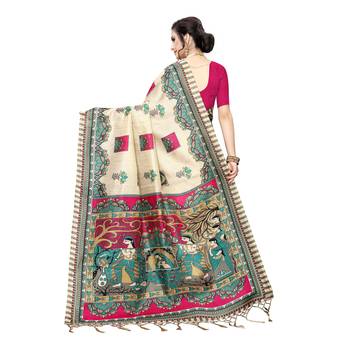 Pink printed khadi saree with blouse 4