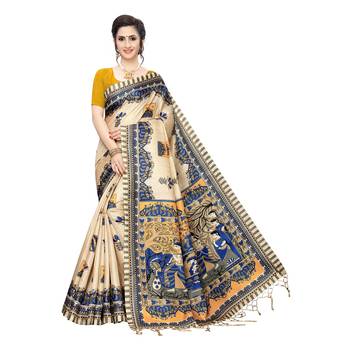 Yellow printed khadi saree with blouse 1