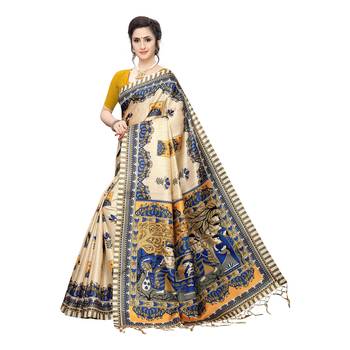 Yellow printed khadi saree with blouse 2
