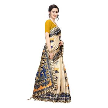 Yellow printed khadi saree with blouse 3
