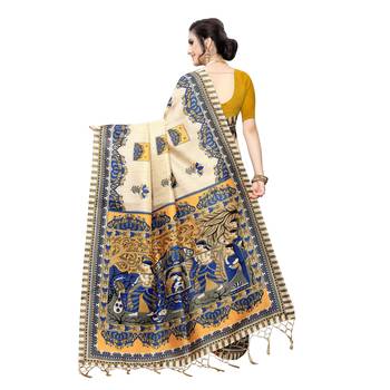 Yellow printed khadi saree with blouse 4