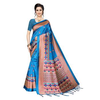 Blue printed khadi saree with blouse 1