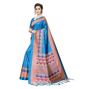 Blue printed khadi saree with blouse 2