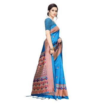 Blue printed khadi saree with blouse 3