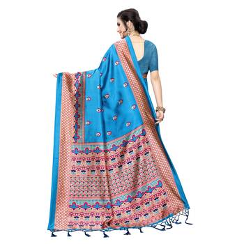 Blue printed khadi saree with blouse 4