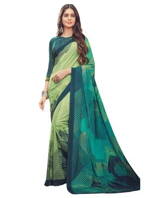 Women's Turquoise & Green Crepe Printed Saree With Blouse Piece 1