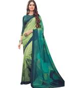 Women's Turquoise & Green Crepe Printed Saree With Blouse Piece