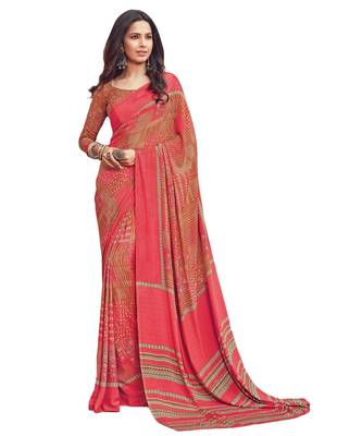 Women's Peach & Beige Crepe Printed Saree With Blouse Piece 1