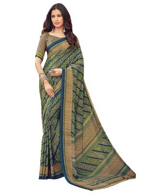 Women's Green & Beige Crepe Printed Saree With Blouse Piece 1