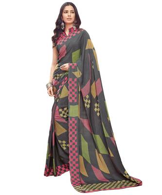 Women's Grey & Pink Crepe Printed Saree With Blouse Piece 1