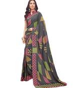 Women's Grey & Pink Crepe Printed Saree With Blouse Piece