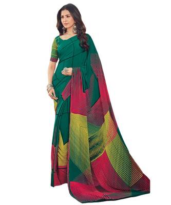 Women's Peacock Green & Multi Crepe Printed Saree With Blouse Piece 1