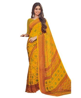 Women's Dark Yellow & Green Crepe Printed Saree With Blouse Piece 1