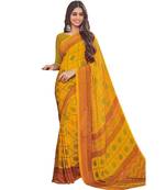 Women's Dark Yellow & Green Crepe Printed Saree With Blouse Piece