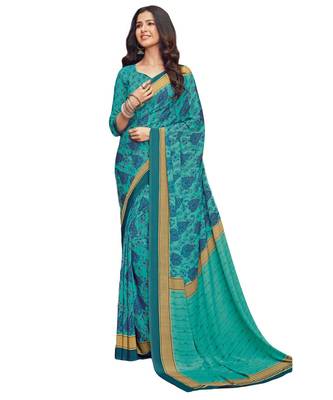 Women's Sky Blue Crepe Printed Saree With Blouse Piece 1