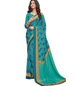 Women's Sky Blue Crepe Printed Saree With Blouse Piece