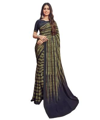 Women's Bronze Green & Black Crepe Printed Saree With Blouse Piece 1
