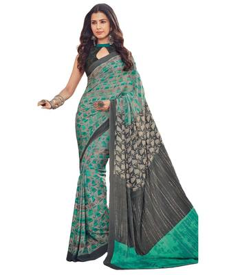 Women's Grey & Sky Blue Crepe Printed Saree With Blouse Piece 1