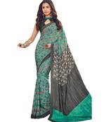 Women's Grey & Sky Blue Crepe Printed Saree With Blouse Piece
