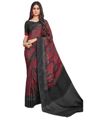 Women's Red & Grey Crepe Printed Saree With Blouse Piece 1
