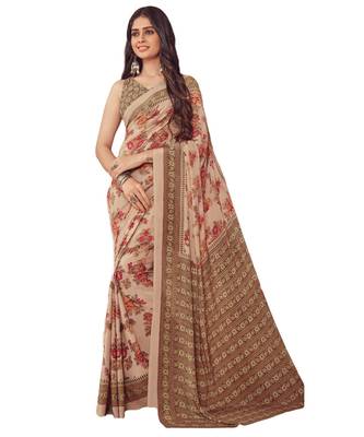 Women's Beige & Brown Crepe Printed Saree With Blouse Piece 1