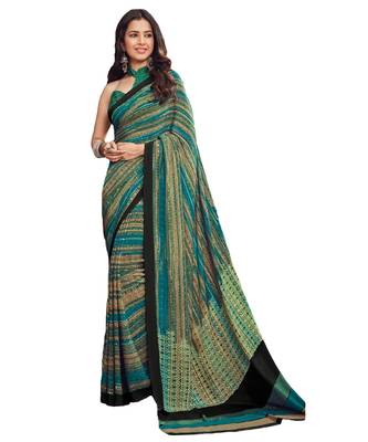 Women's Turquoise & Beige Crepe Printed Saree With Blouse Piece 1