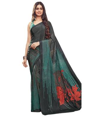 Women's Black & Turquoise Crepe Printed Saree With Blouse Piece 1